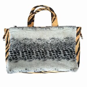 Faux Fur Spacious Tote Bag Artisan Mixed Materials Tiger Leopard 14x21x6 Unique